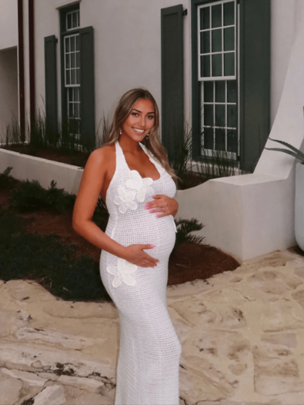 Momyknows Elegant White Halter Neck 3D Flowers Backless Crochet Maternity Maxi Dress, White / M