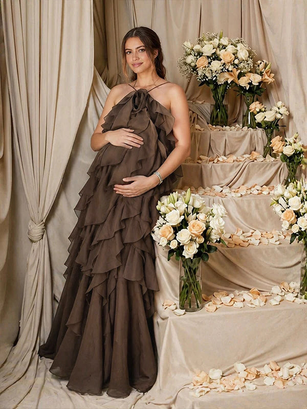 maternity ruffle maxi dress Off-the-shoulder Ruffle Sleeve Maternity Photoshoot Dress, Burgundy / S