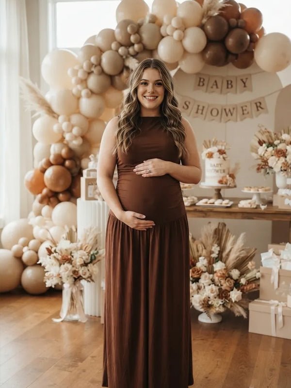 Momyknows Pleated Solid Color Splicing Maternity Baby Shower Maxi Dress
