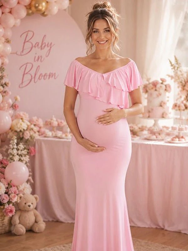 Momyknows Pink Off Shoulder Open Back Bodycon Ruched A-Line Maternity Baby Shower Maxi Dress, Pink / XL