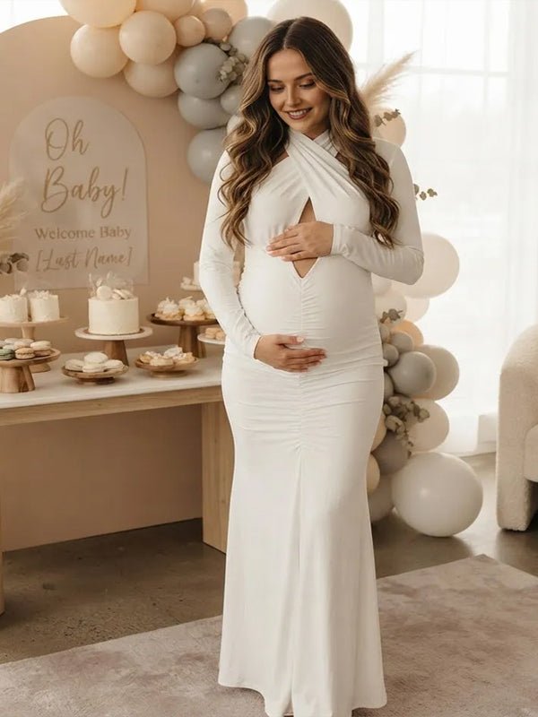 bodycon maternity dress formal Momyknows Cross Chest Ruched Baby Shower Maxi Round Neck Sleeveless Solid Classic A-Line Empire V-Neck Color:Watercolor Print YGroup_teresa-one