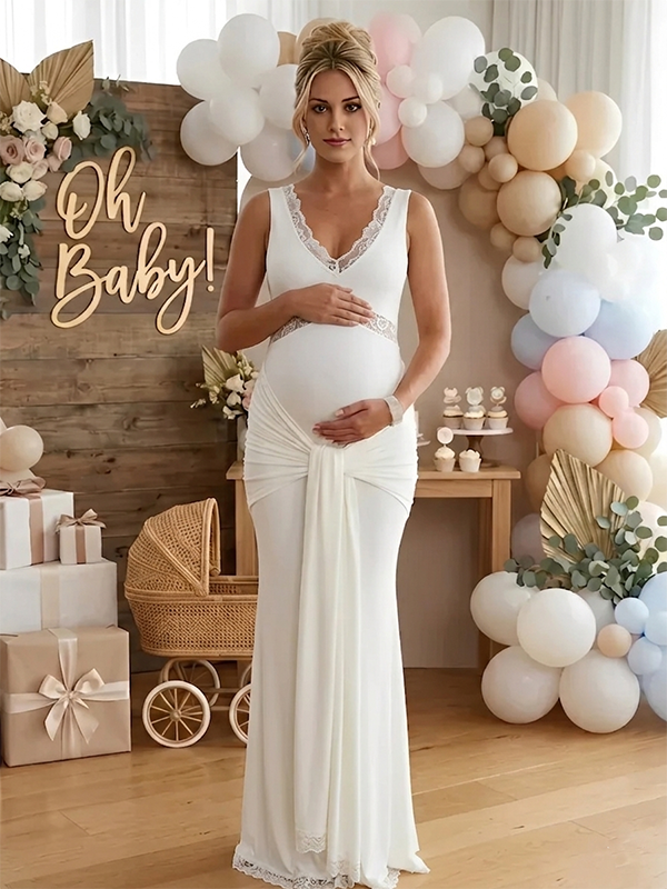 Momyknows White Lace Ruched Draped Big Swing Baby Shower Maternity Maxi Dress White / L