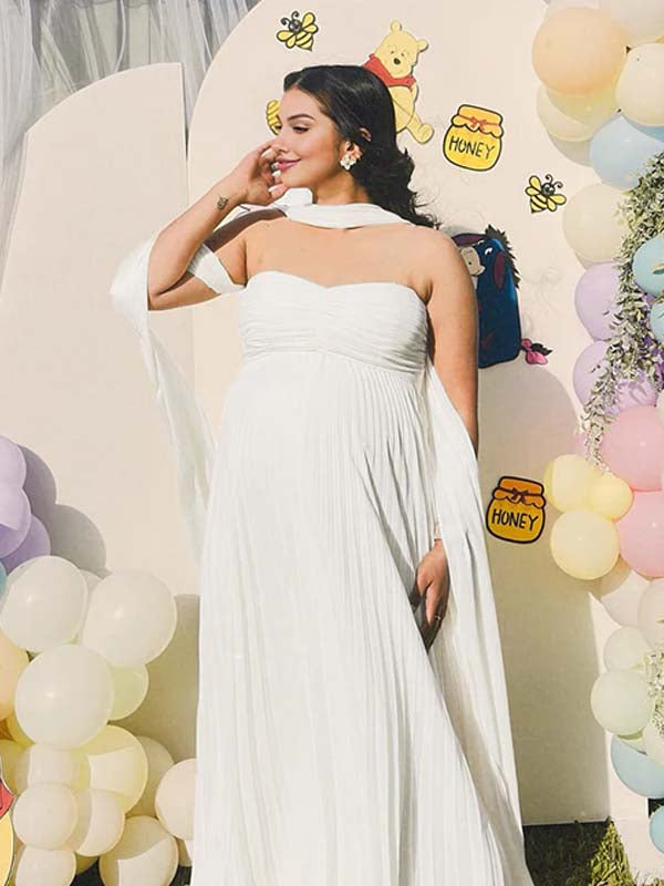 Momyknows White Ruched Pleated Bandeau Big Swing Scarf Maternity Maxi Dress