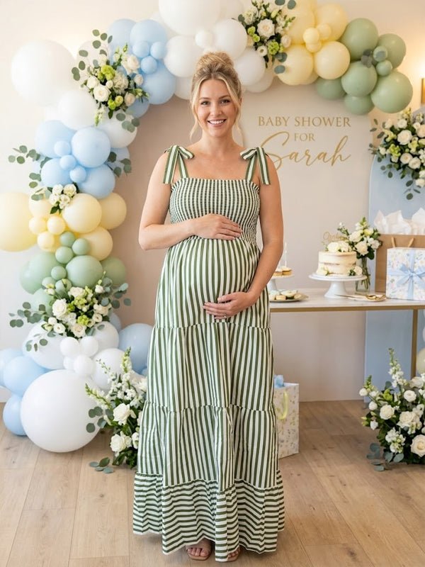 green gingham maternity dress Momyknows Daily Lace Up Ruched Baby Shower Midi Mack