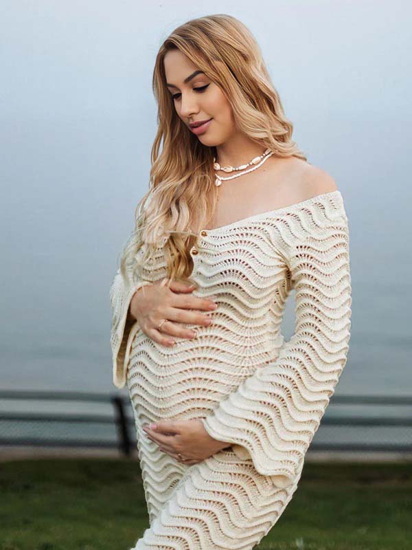 crochet maternity maxi dress Off Shoulder Crochet Ruffle Cut Out Backless Maternity Maxi Dress Apricot / L