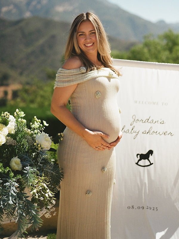 maternity off shoulder dress Plus Size Chiffon Double Skirt Off-Shoulder Sheer baby showers Pretty Perfect | White Maternity