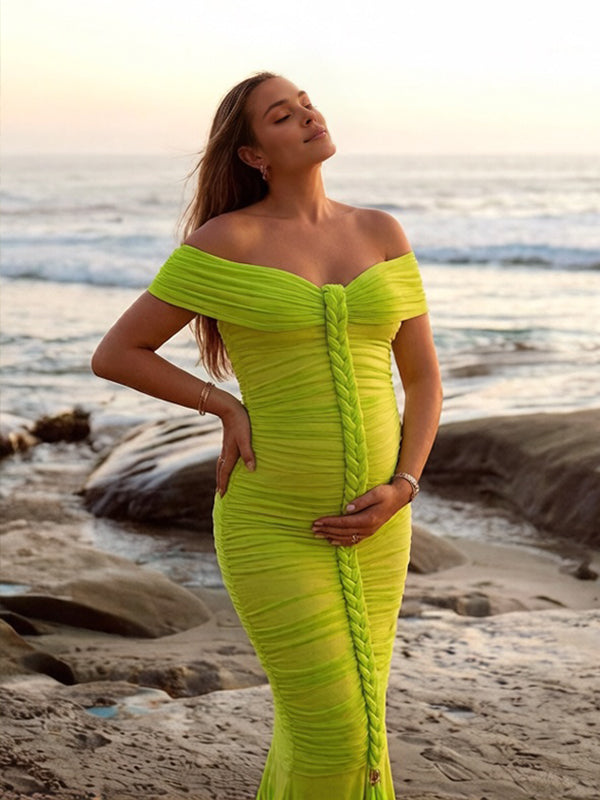 Momyknows Off Shoulder Backless Ruched Bodycon Maternity Photoshoot Maxi Dress Green / 2XL