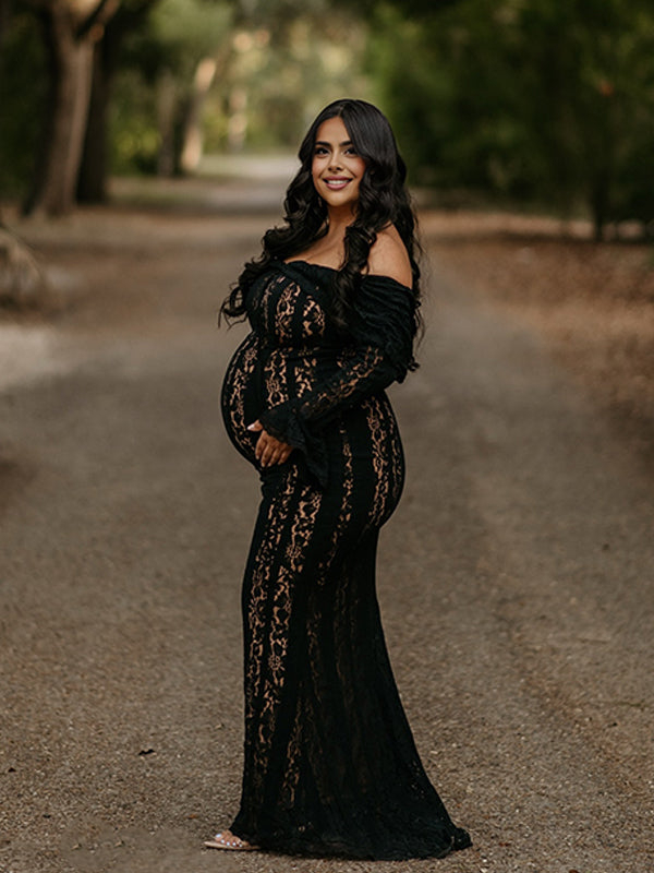Momyknows Black Lace Off Shoulder Ruffle Falbala Mermaid Maternity Maxi  Dress