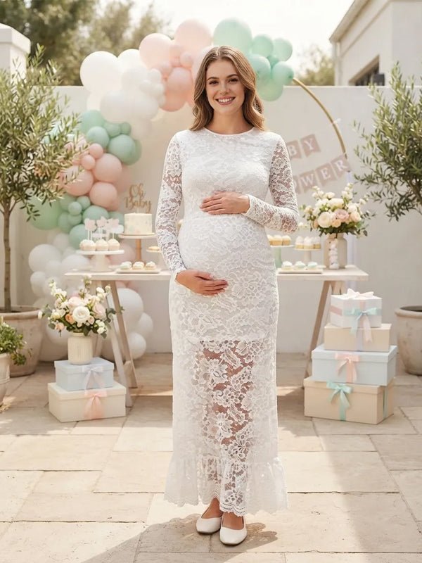 Momyknows White Long Sleeve Lace Bodycon Maternity Baby Shower Maxi Dress