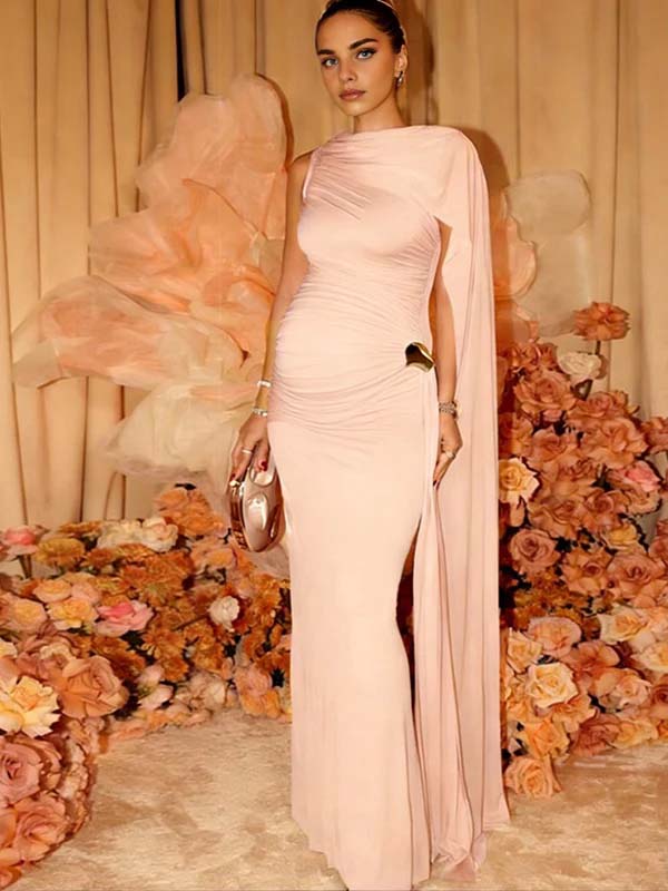 pink maternity dress with cape Momyknows Pink Ruched Cape Ribbon Maternity Photoshoot Maxi Dress, Pink / S
