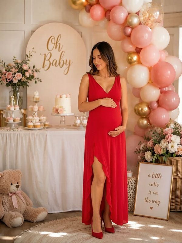 red babyshower dress Momyknows Red One Shoulder Lace Ruched Drape Sash Bodycon Baby shower Maternity Maxi Dress
