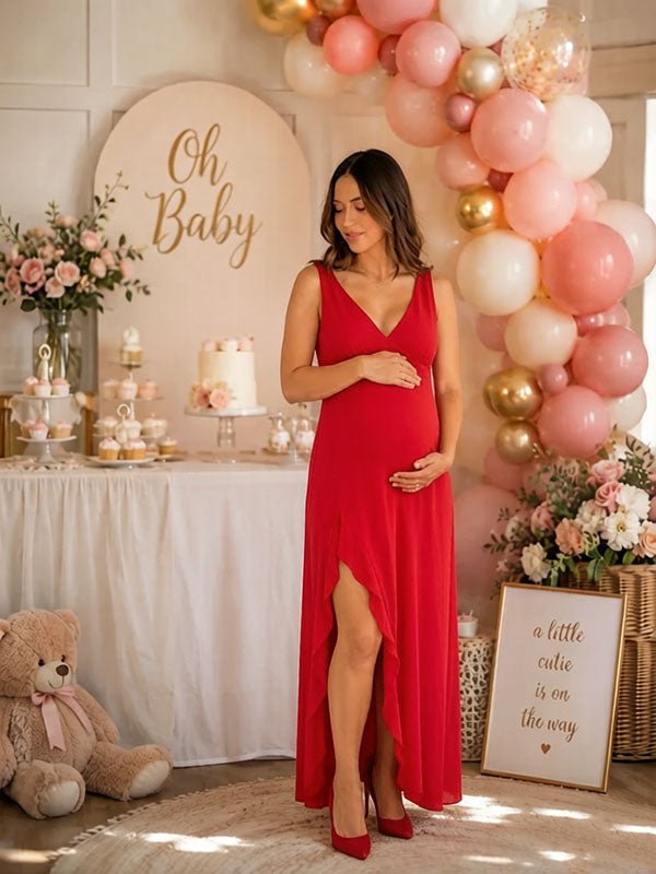 red babyshower dress Momyknows Red One Shoulder Lace Ruched Drape Sash Bodycon Baby shower  Maternity Maxi Dress