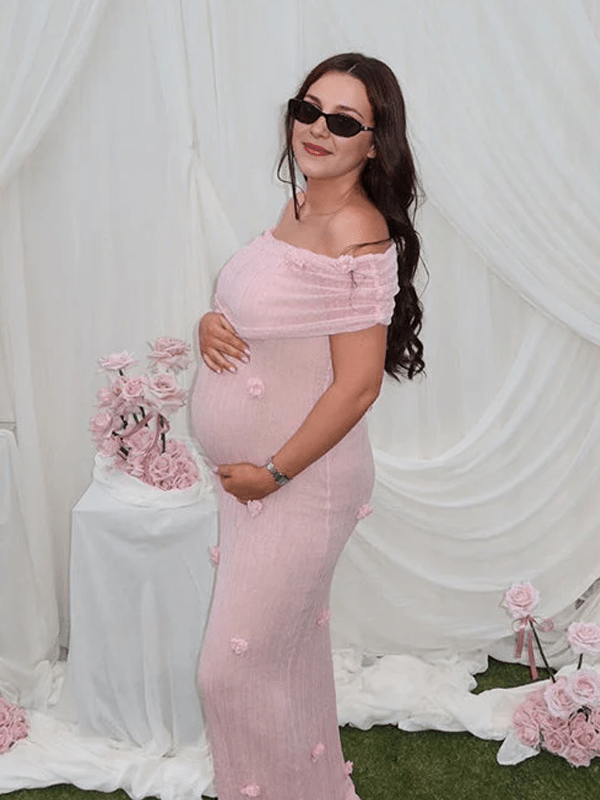 pink and gray maternity dress Bardot Maternity Shift Dress Grand Jardin
