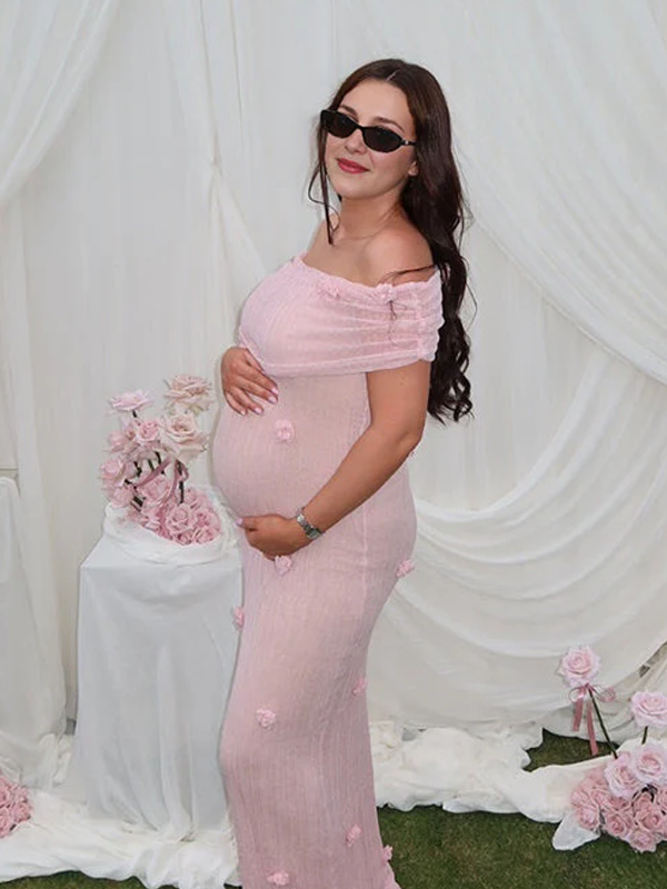 Momyknows Grenadine Off Shoulder 3D Flowers Bodycon Elegant Photoshoot Baby Shower Maternity Maxi Dress