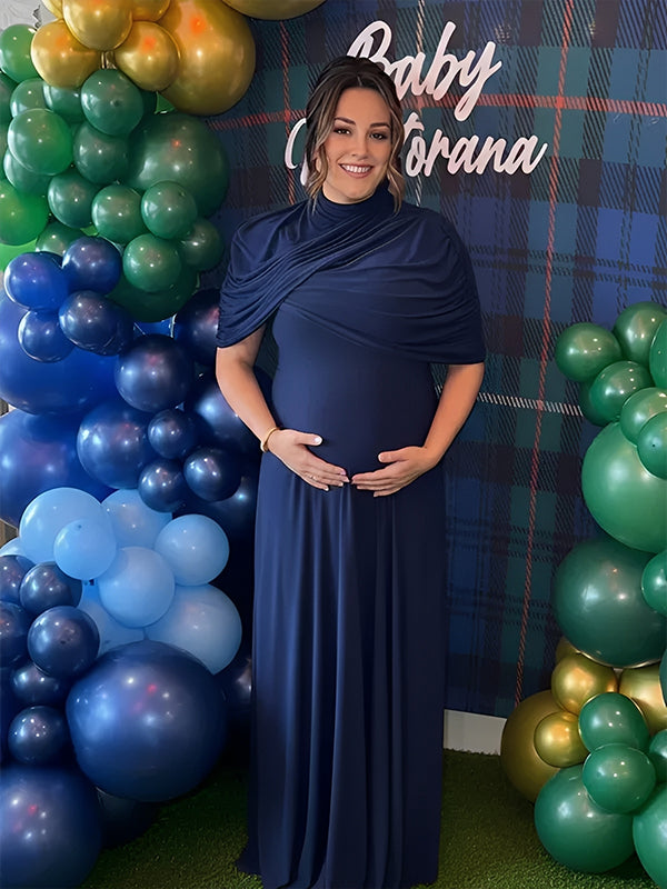 navy blue plus size maternity dress Momyknows Navy Blue Asymmetric Irregular Ruched Pleated Cape Maternity Maxi Dress Navy Blue / M