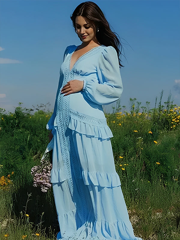 Momyknows Ruffle Lace Hollow Out Silt Lantern Sleeve Boho Maternity Maxi Dress Blue / M Momyknows Ruffle Lace Hollow Out Silt Lantern Sleeve Boho Maternity Maxi Dress Blue / M