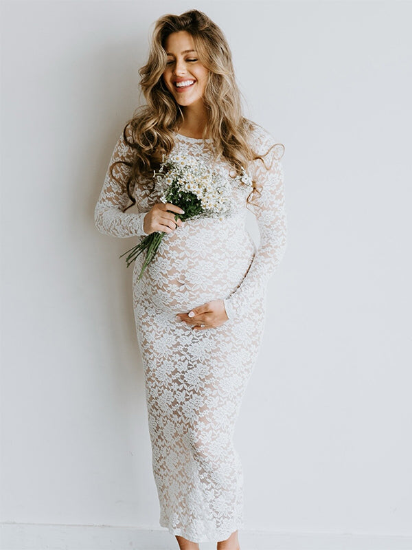 Momyknows White Lace Sheer Bodycon Elegant Cocktail Party Maternity Baby Shower Maxi Dress White / M