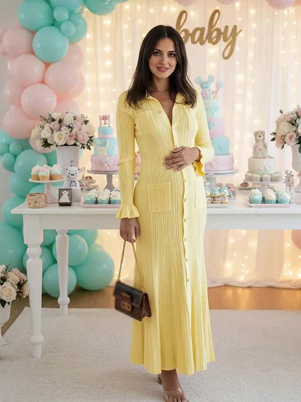Momyknows Knit Single Breasted Ruffle Pockets Slit Polo Maternity Sweater Maxi Dress Yellow / M Momyknows Knit Single Breasted Ruffle Pockets Slit Polo Maternity Sweater Maxi Dress Yellow / M