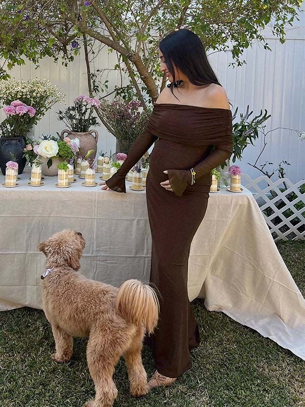 Momyknows Off Shoulder Ruched Sheer Mesh Bodycon Baby Shower Maternity Maxi Dress