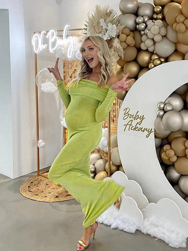 Momyknows Green Ruched Off Shoulder Bodycon Elegant Cocktail Party Gown Maternity Photoshoot Baby Shower Maxi Dress Green / L Momyknows Green Ruched Off Shoulder Bodycon Elegant Cocktail Party Gown Maternity Photoshoot Baby Shower Maxi Dress Green / L
