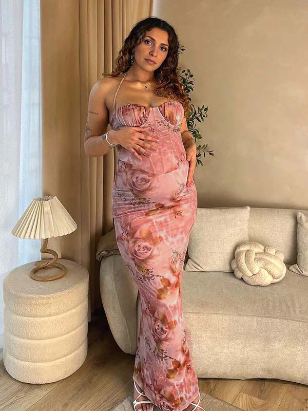 Momyknows Pink Floral Corset Back Slit Halter Neck Cami Bodycon Chic Cocktail Party Maternity Photoshoot Baby Shower Maxi Dress