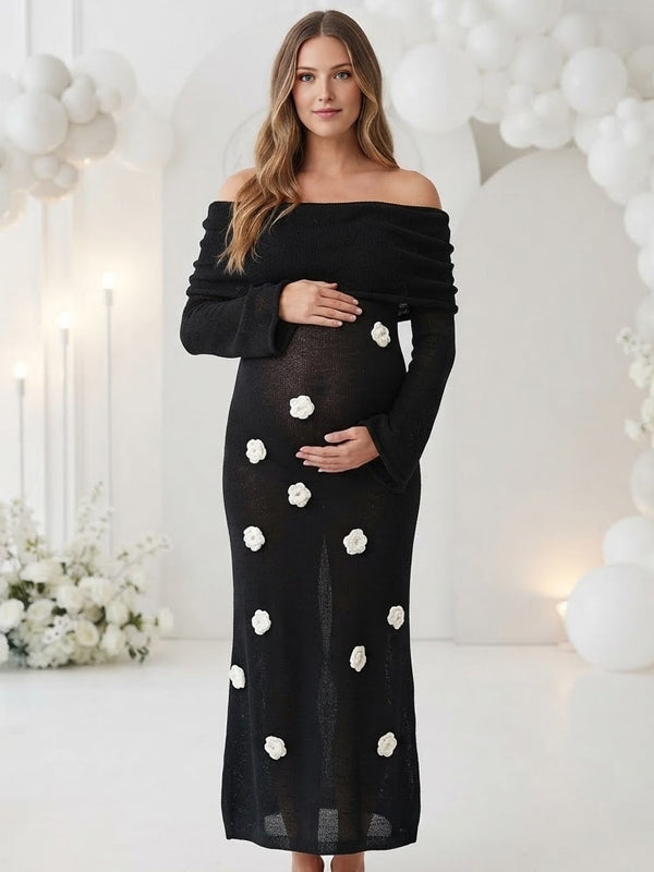 Momyknows Black Off Shoulder 3D Flower Backless Crochet Maternity Baby Shower Maxi Dress