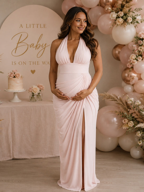 Momyknows Halter Neck Lace Up Backless Side Slit Ruched Maternity Baby Shower Maxi Dress, Blue / XL