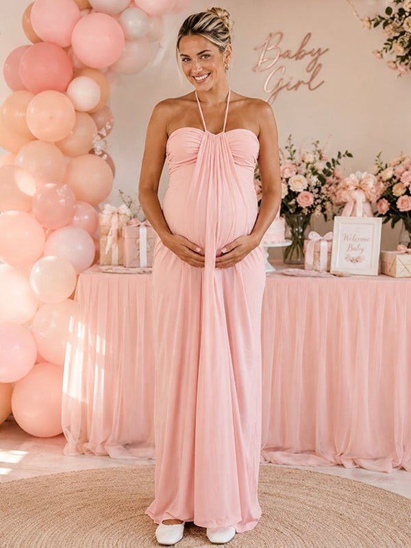 maxi pink bodycon dress Momyknows Halter Neck Open Back Ruched Baby Shower Dress or no bra US Size:US20 Pink floral dress Golden Globes A-line dress in Black