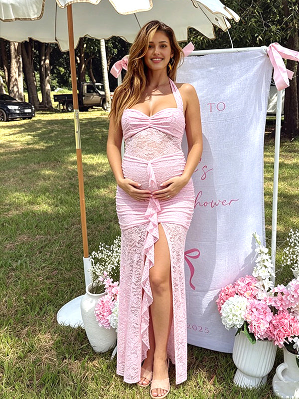 Momyknows Halter Neck Ruffle Lace Side Slit Ruched Maternity Baby Shower  Maxi Dress