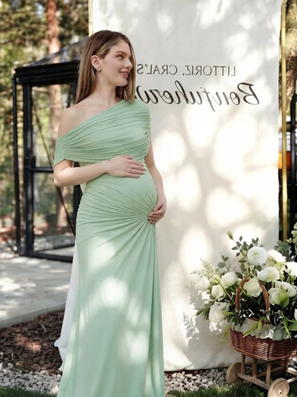 green maternity dress for baby shower Momyknows Green Oblique Shoulder Ruched Bodycon Backless Maternity Baby Shower Maxi Dress Green / L