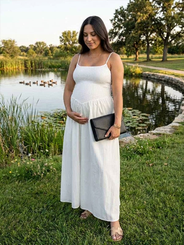 maternity vacation dresses Momyknows White Ruffle Vacation Maternity Maxi Dress White / XL