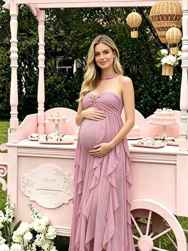 Momyknows Pink Sleeveless Boat Neck Draped Halter Neck Backless Baby Shower Maternity Maxi Dress, Pink / L