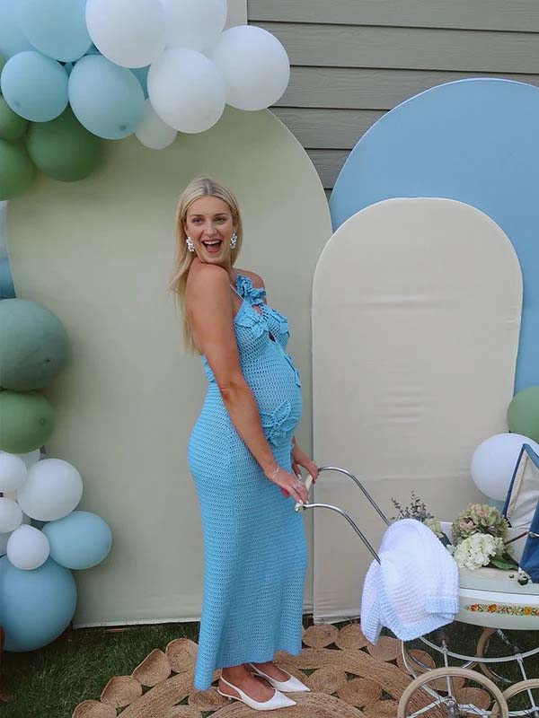 Momyknows Crochet Hollow Out 3D Flowes Cut Out Halter Neck Cami Bodycon Elegant Baby Moon Beach Maternity Photoshoot Baby Shower Maxi Dress, Beige / M