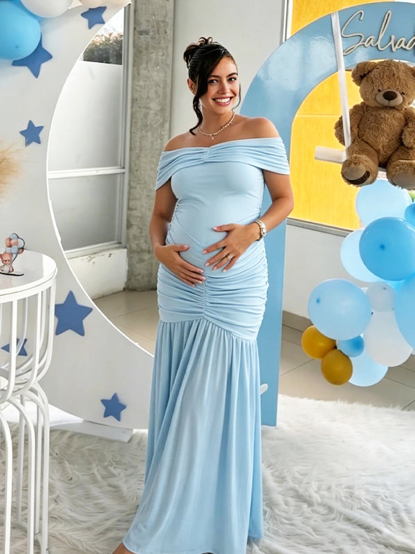 blue maternity dress off the shoulder Momyknows Ruched Off Shoulder Mermaid Bodycon Baby Shower Maternity Maxi Dress Blue / L