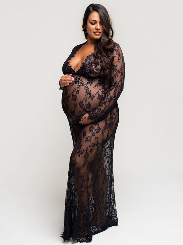 fitted lace wedding dress Black Off-The-Shoulder Midi Maternity Dress with Sleeves, Black / S main image 1