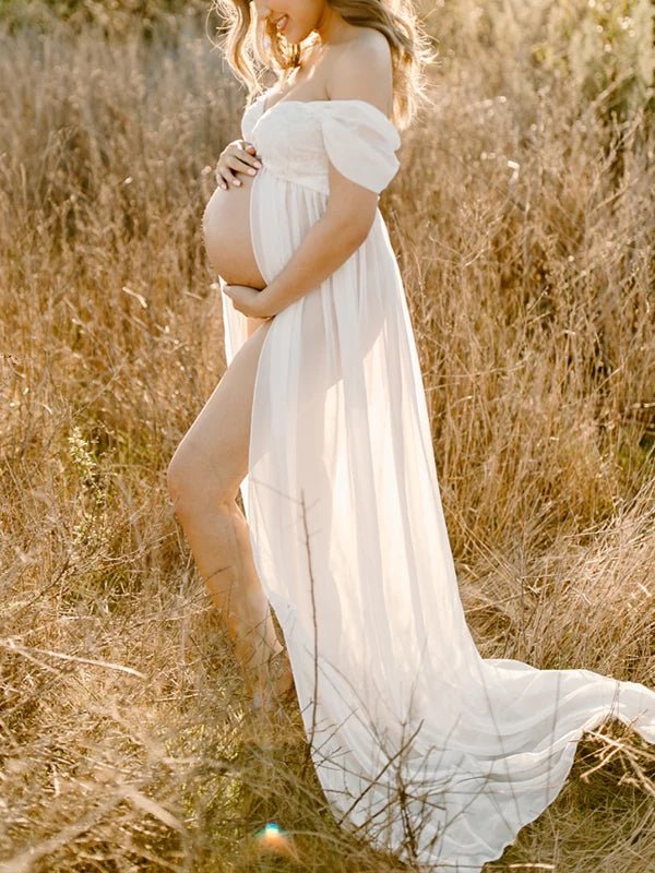 Momyknows Off-shoulder Grenadine Cross Chest Maternity Dresses For Photoshoot Maxi Dress, White / XL