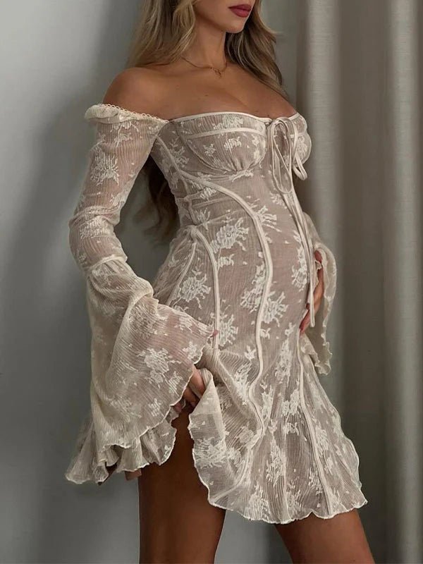 Momyknows White Lace Off Shoulder Bow Drawstring Ruffle Flare Sleeve Elegant Photoshoot Baby Shower Maternity Mini Dress, White / XL