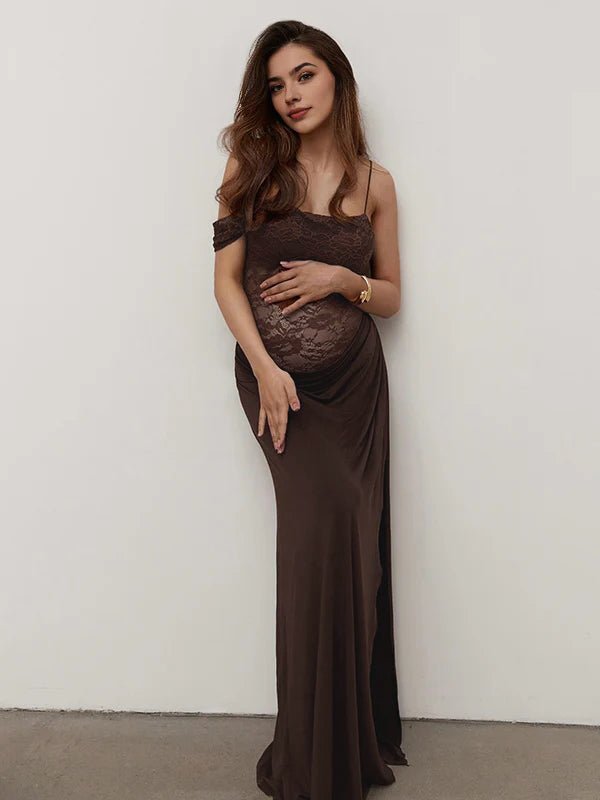 Momyknows Chic Brown Lace Patchwork Irregular Asymmetric Shoulder Bodycon Photoshoot Maternity Maxi Dress, Brown / L
