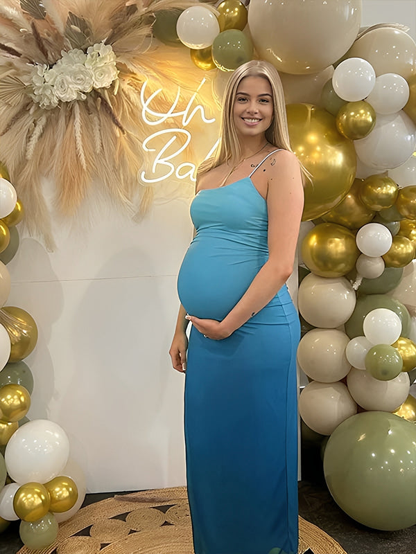 Momyknows Blue Gradient Color Spaghetti Strap Grenadine Maternity Baby Shower Maxi Dress Blue / L