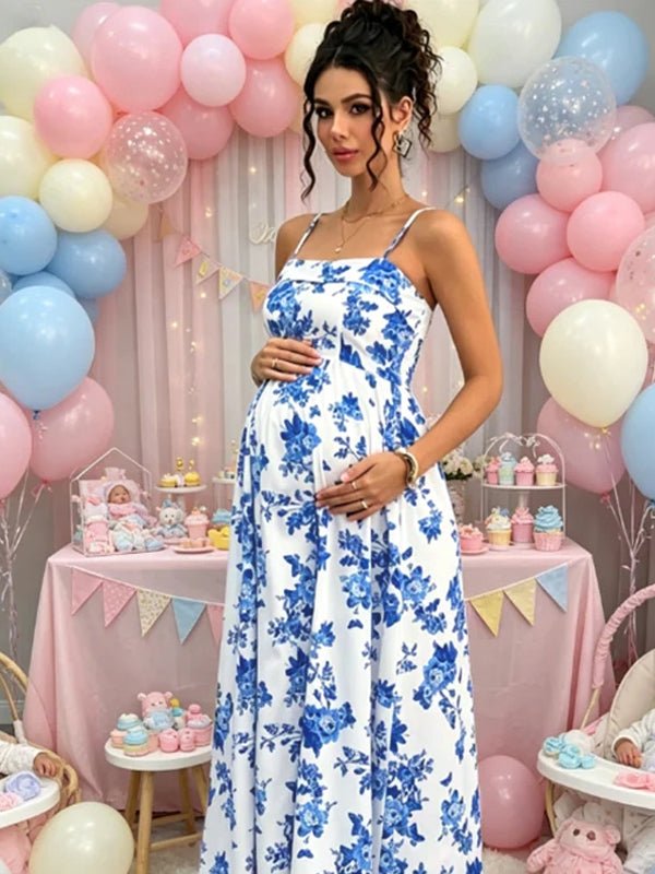 Momyknows Elegant White Floral Spaghetti Strap A-Line Baby Shower Maternity Maxi Dress, White / S
