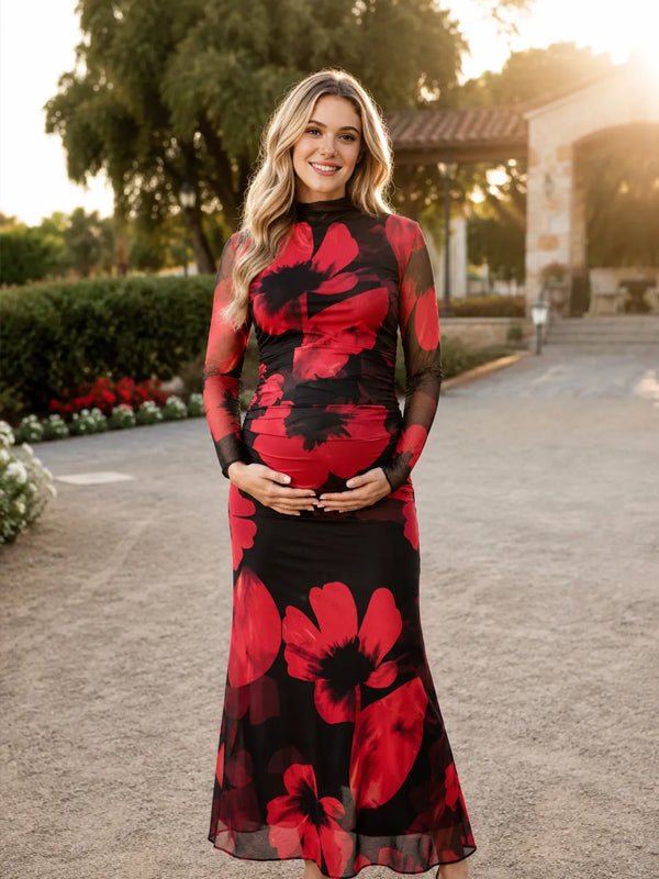 Momyknows Red Round Neck Long Sleeve Ruffle Print Photoshoot Maternity Maxi Dress