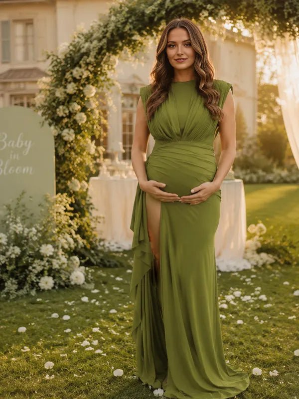 Momyknows Green Ruffle Side Slit Ruched Trumpet Maternity Baby Shower Maxi Dress