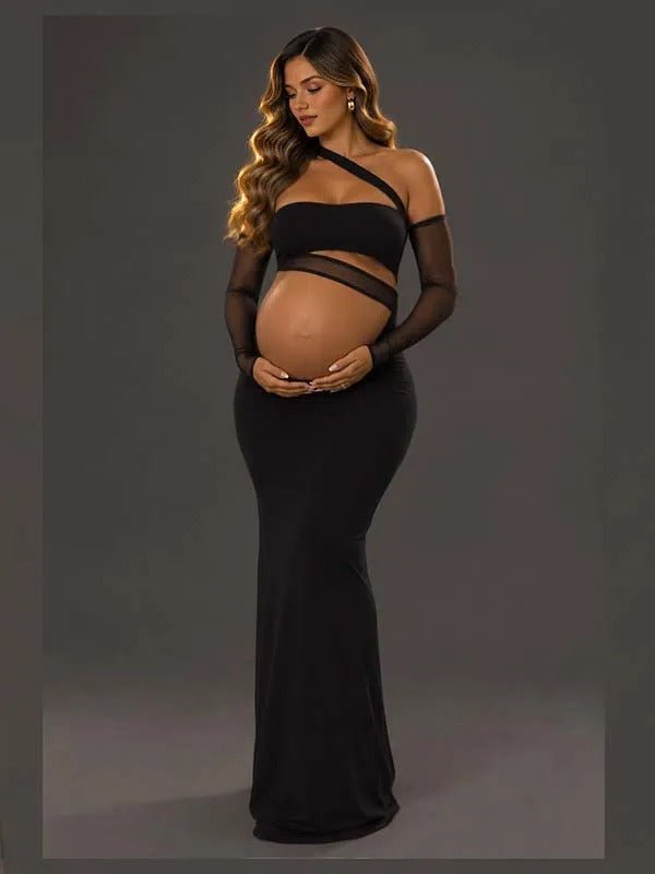Momyknows Black Sheer Grenadine Irregular Cut Out Midriff Splicing Maternity Photoshoot Maxi Dress, Black / M