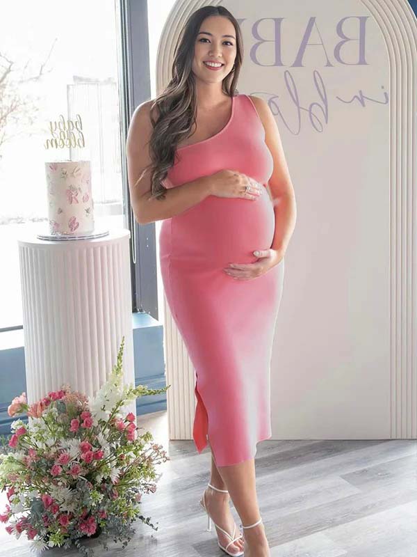 chinese dress ladies Pink Ruched One Shoulder Side Slit Elegant Maternity Maxi Dress