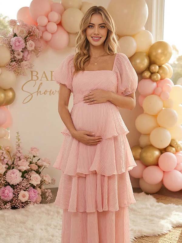 Momyknows Layered Ruffle A-line Square Neck Puff Sleeve Maternity Maxi Dress, Pink / S