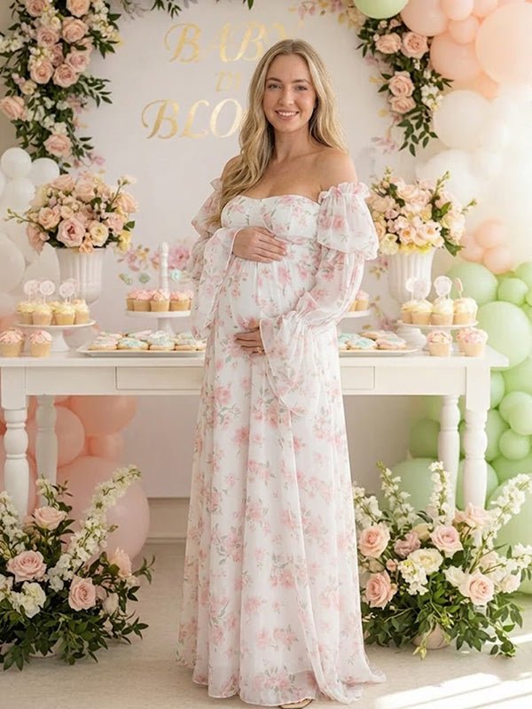 Momyknows White Floral Off Shoulder Ruffle Big Swing Trailing Tail Elegant Dreamy Maternity Baby Shower Photoshoot Maxi Dress