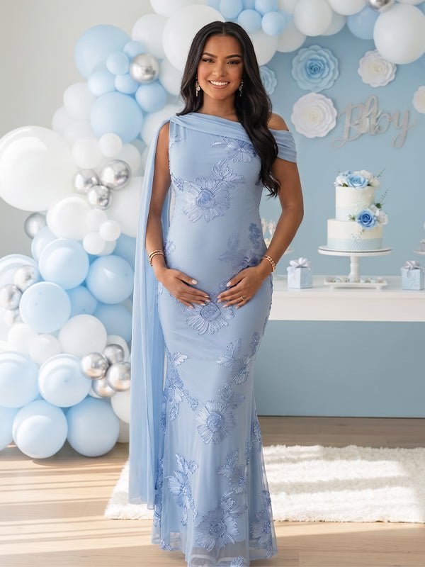 mesh maternity dress Long Sleeve Bodycon Maxi in while the sheer long puff sleeves bring a whimsical and airy feel Inflorescence | Black Mesh Floral