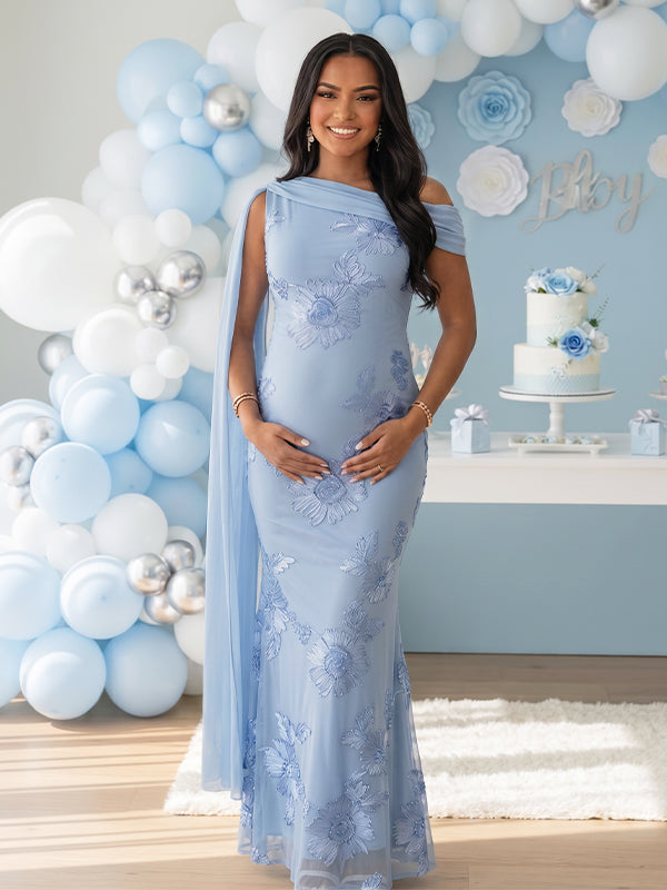 Momyknows Embroidered One-shoulder Mesh Floral Shoulder Streamer Bodycon Baby shower Maternity Maxi Dress Blue / L