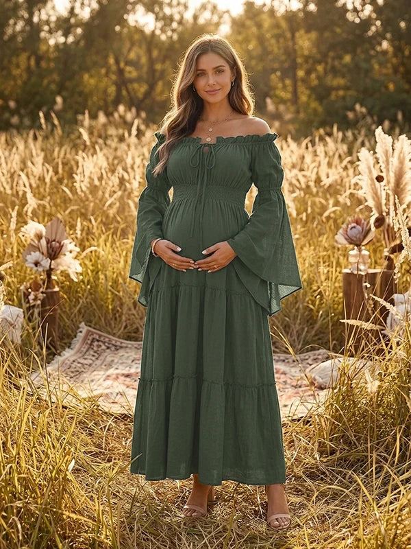 green boho maternity dress Off Shoulder Flowy Photoshoot Maxi sheer cut out waist CLOUD MAXI DRESS IN Color:Michaels Cherry stain size maternity dress designed