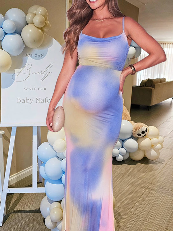 Pink&Blue Tie Dye Mesh Ruched Cami Gender Reveal Maternity Maxi Dress As Shown / XL